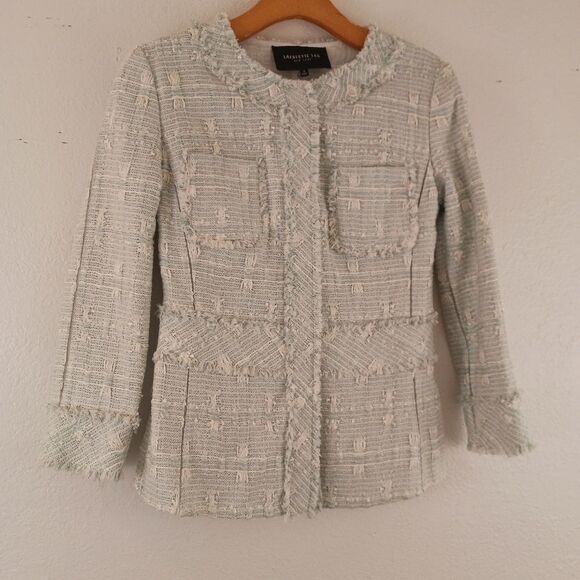 Lafayette 148 NY Reagan tweed button aqua green  blazer jacket size 2 - Picture 2 of 7